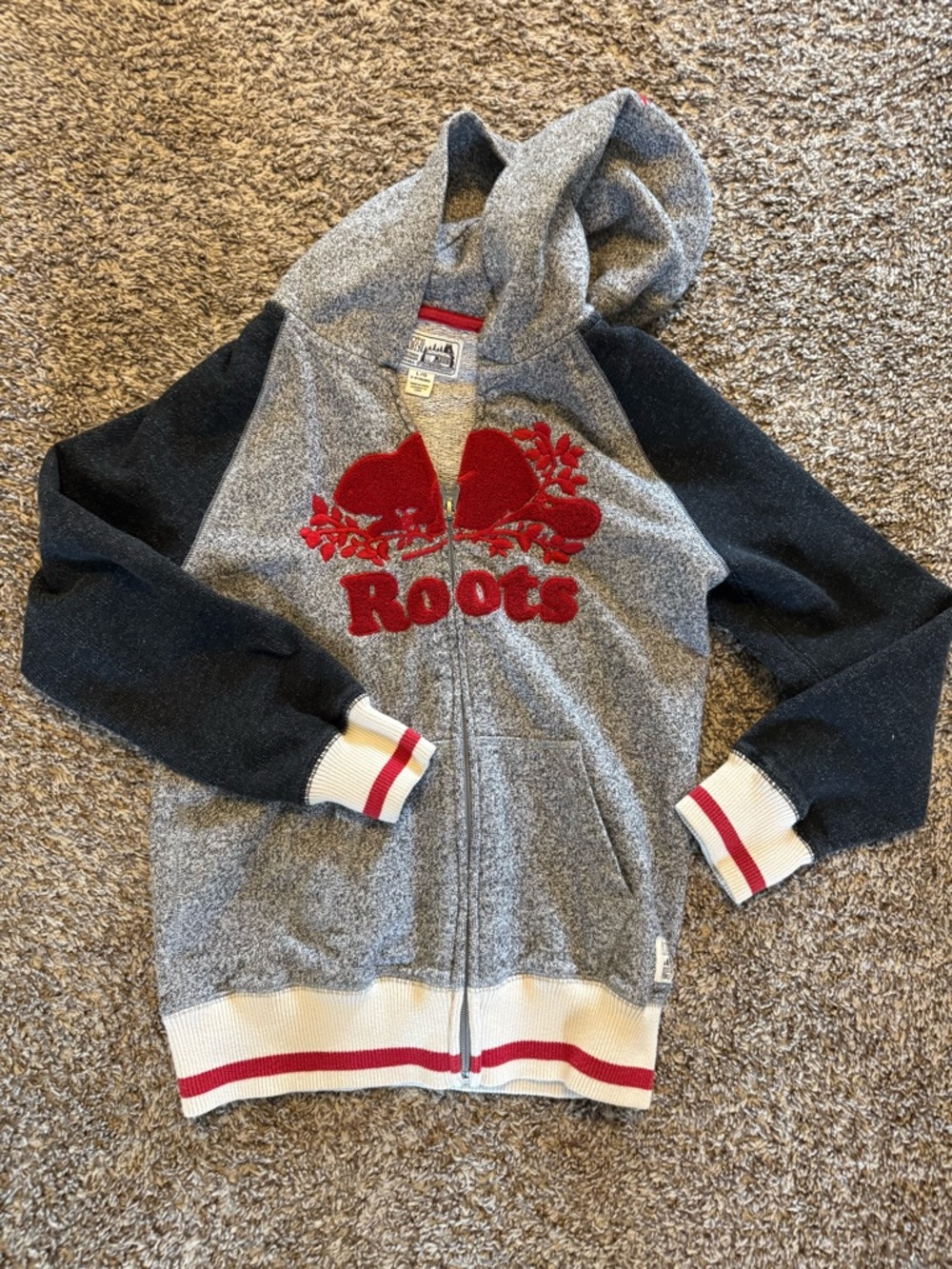 Roots Gray & Black Kids Zip Hoodie with Red Logo